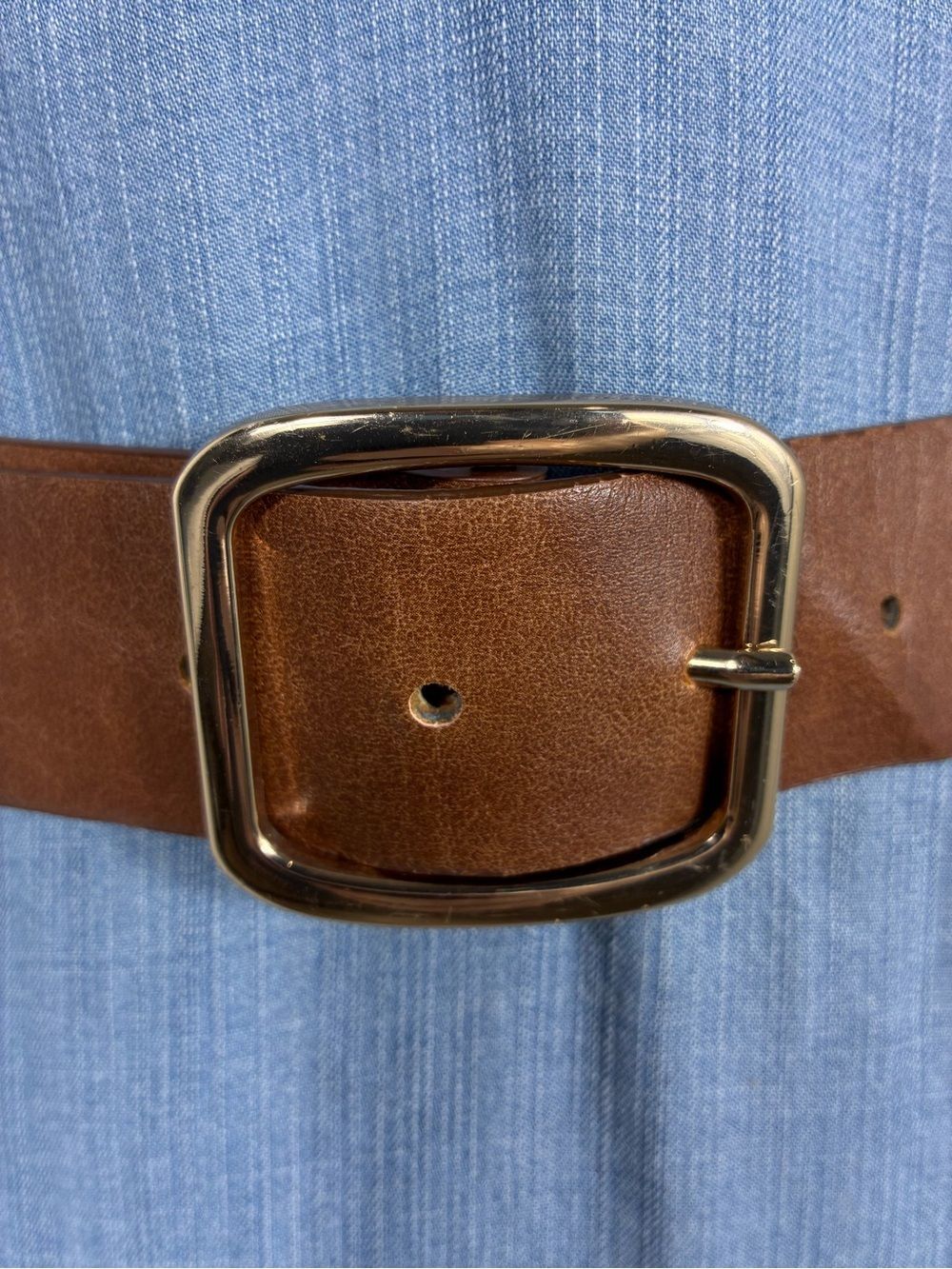 Womens belt 37” long brown faux leather gold squared buckle
